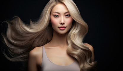 Fototapeta premium Beautiful Asian woman with long hair on a solid background.