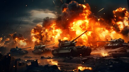 Group of main battle tanks with a city on fire Battlefield actions different military warships gun - obrazy, fototapety, plakaty