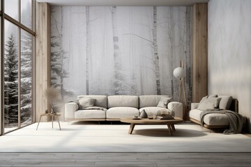 Modern Nordic living space with simulated wall design, digitally rendered. Generative AI