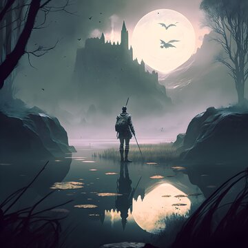 a lone leather armor wearing elf approaches a sinister swamp fortress pale moon illuminates the scenery through drifting mist pastel theme3 