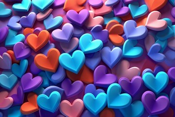 Colorful heart backdrop with love hearts in violet, pink, and turquoise shades. Abstract 3D illustration. Generative AI