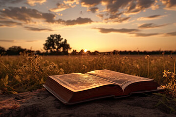 open bible with sunrise in the setting sun, the scriptures by the sunset, Bright sun light and...