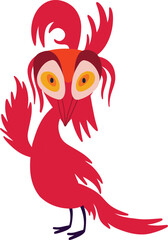A funny strange red bird. Illustration in a modern childrens hand-drawn style