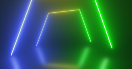 Abstract tunnel neon blue green and yellow energy glowing from lines background
