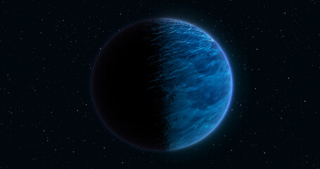 Abstract realistic space spinning planet round sphere with a blue water surface in space against the background of stars