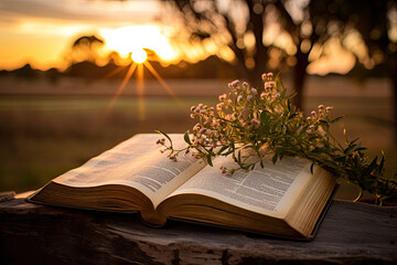 open bible with sunrise in the setting sun, the scriptures by the sunset, Bright sun light and bible book silhouette of the Holy Jesus Christ guiding the bright path - obrazy, fototapety, plakaty
