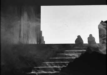 urban myth and fog, silhouette in urban environment brown and grey colours