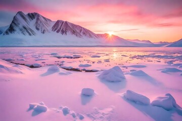 Norway landscape nature of the winter mountains of Spitsbergen Longyearbyen city Svalbard arctic polar night sunset pink sunrise sky