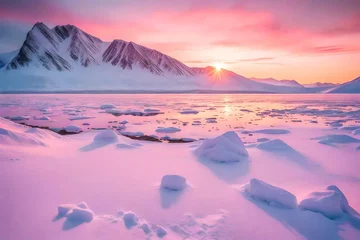 Fotobehang Mistige ochtendstond Norway landscape nature of the winter mountains of Spitsbergen Longyearbyen city Svalbard arctic polar night sunset pink sunrise sky