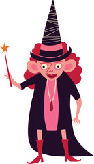 Little funny cute witch with magic stick. Halloween character. Cartoon illustration for Halloween,