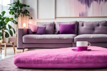 Purple and pastel pink pillow on the grey comfortable couch in bright living room interior with pink carpet and coffee table, real photo with copy space on the empty white wall