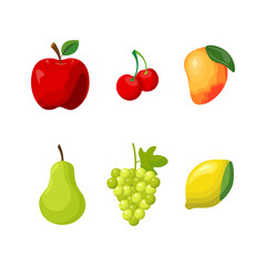 A set of icons of colorful cartoon fruits: apple, cherry, mango, pear, grape, lemon. Vector illustration isolated on white.
