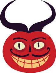 funky pumpkin with an evil muzzle and horns , An illustration in a modern childish hand-drawn style