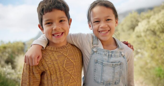 Face of happy kids, brother and sister in nature, outdoor or travel together on summer holiday. Portrait, smile of siblings and children in countryside, bonding or family connection, hug or support