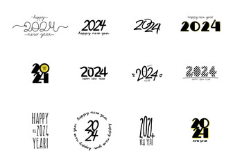 Happy New Year 2024 logo design. Set with variety of symbols for diaries, notebooks, calendars.