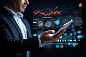 Modern Technology and Data Analysis - Person using tablet device, technical interface with reporting icons, sleek and modern design. Created using generative AI technology