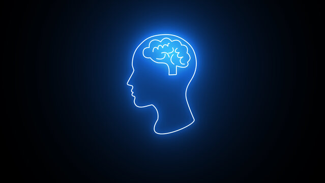 human brain with neon effect on black background. Neon brain icon. See my portfolio for more color or design images.