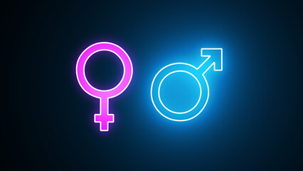 Neon gender icon. Male, female sign of gender equality icon. Glowing neon Gender icon isolated on black background. Symbols of men and women.