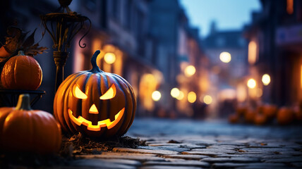 Halloween pumpkin Jack O’ Lantern in the old town