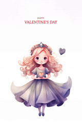 Cute little princess with heart. Watercolor illustration on white background