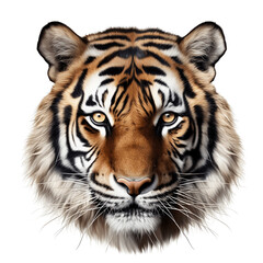 Close-up of a tiger head face shot on transparent background, wildlife animal