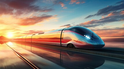 Obraz premium Illustration, colored high speed train at sunset.