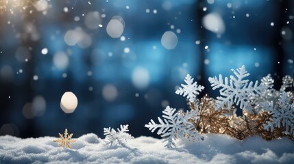 Fototapeta na wymiar Frosty Landscape with Snowman and Bokeh Christmas