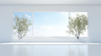 Interior of an empty, diaphanous room with a large window, overlooking the trees outside.