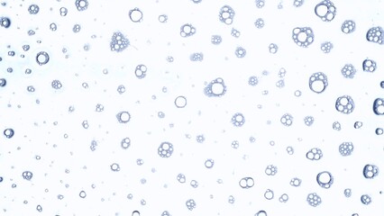 Many foam soap bubbles on clear transparent white surface, abstract background, wallpaper template.