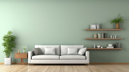 Living room interior with contemporary decoration, green colored wall.