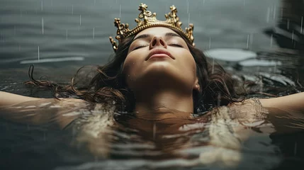 Poster Portrait of a young princess with crown, eyes closed resting head on water. © MiguelAngel