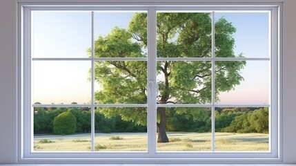 Closed window, views to a beautiful landscape with trees .