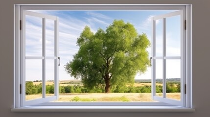 Open window with views to the green forest at sunset.