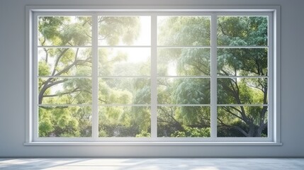 Closed window, views to a beautiful landscape with trees .