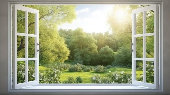 Fototapeta Open window with views to the green forest at sunset.