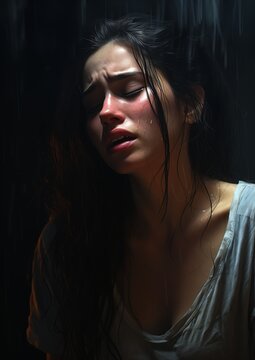 woman white shirt standing rain lighting crying fashion model portrait princess prison scene captures emotion movement suicide