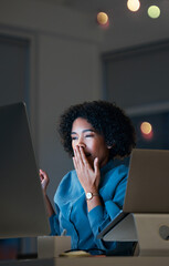 Night, burnout and tired business woman yawning in office with computer and tablet for research....
