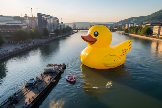 giant inflatable rubber duck floating down city river