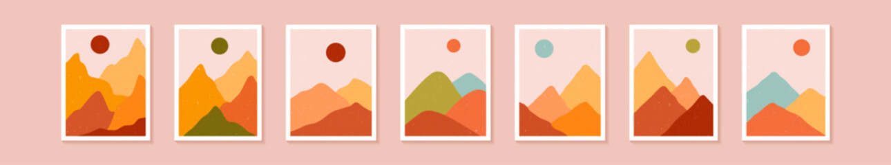 Set with abstract landscapes in boho style. Aesthetic natural backgrounds with sun, mountains and forest. Warm palette. Minimalistic vector illustration.