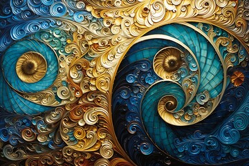 closeup spiral design gold blue breathtaking wave nautilus unique sequences folded geometry ocean sprites - obrazy, fototapety, plakaty