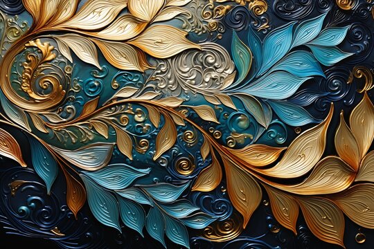 closeup gold blue leaves mind bending sumptuous silver color schemes swirling schools silverfish wood carving