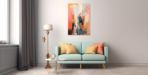 living room with fireplace, an abstract expressionist art piece that captur