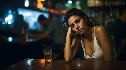 Lonely young woman sitting alone in bar with glass of beer in pub and restaurant with low light place, sad and depression alcoholism concept - obrazy, fototapety, plakaty