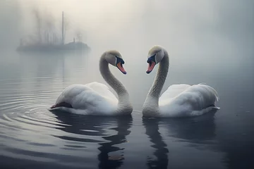 Raamstickers two swans on the misty lake © sam