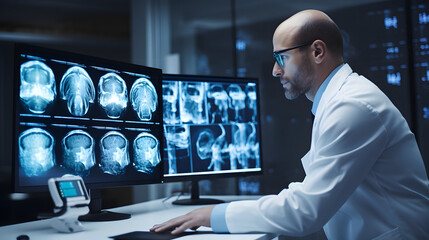 Radiologist looking at screen with MRI scan and diagnose - obrazy, fototapety, plakaty