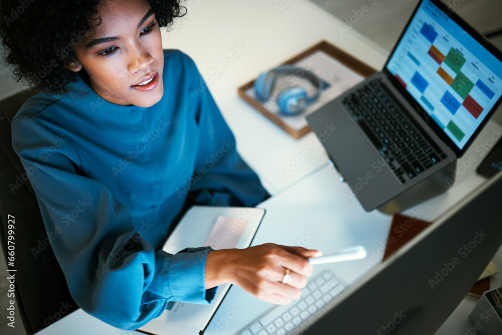 Poster woman with computer, notebook and checking schedule, agenda and reminder for office administration. 