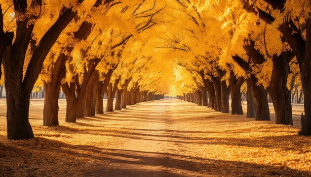 A path full of golden sycamores in autumn