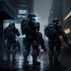 ODST squad tactical advance city street night rain gloomy light  - obrazy, fototapety, plakaty
