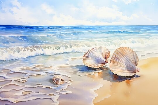 two seashells beach waves coming product noosphere tall deep color royal everlasting summer