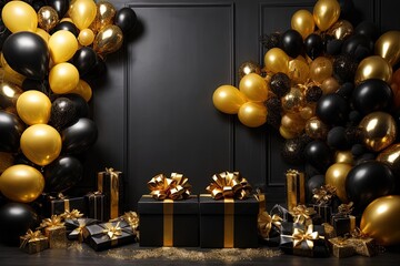 Fototapeta na wymiar balloons and presents are on a table in front of a black wall